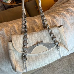 VINTAGE CHRISTIAN DIOR White/Grey Monogram Canvas Trotter Romantique Boston Bag